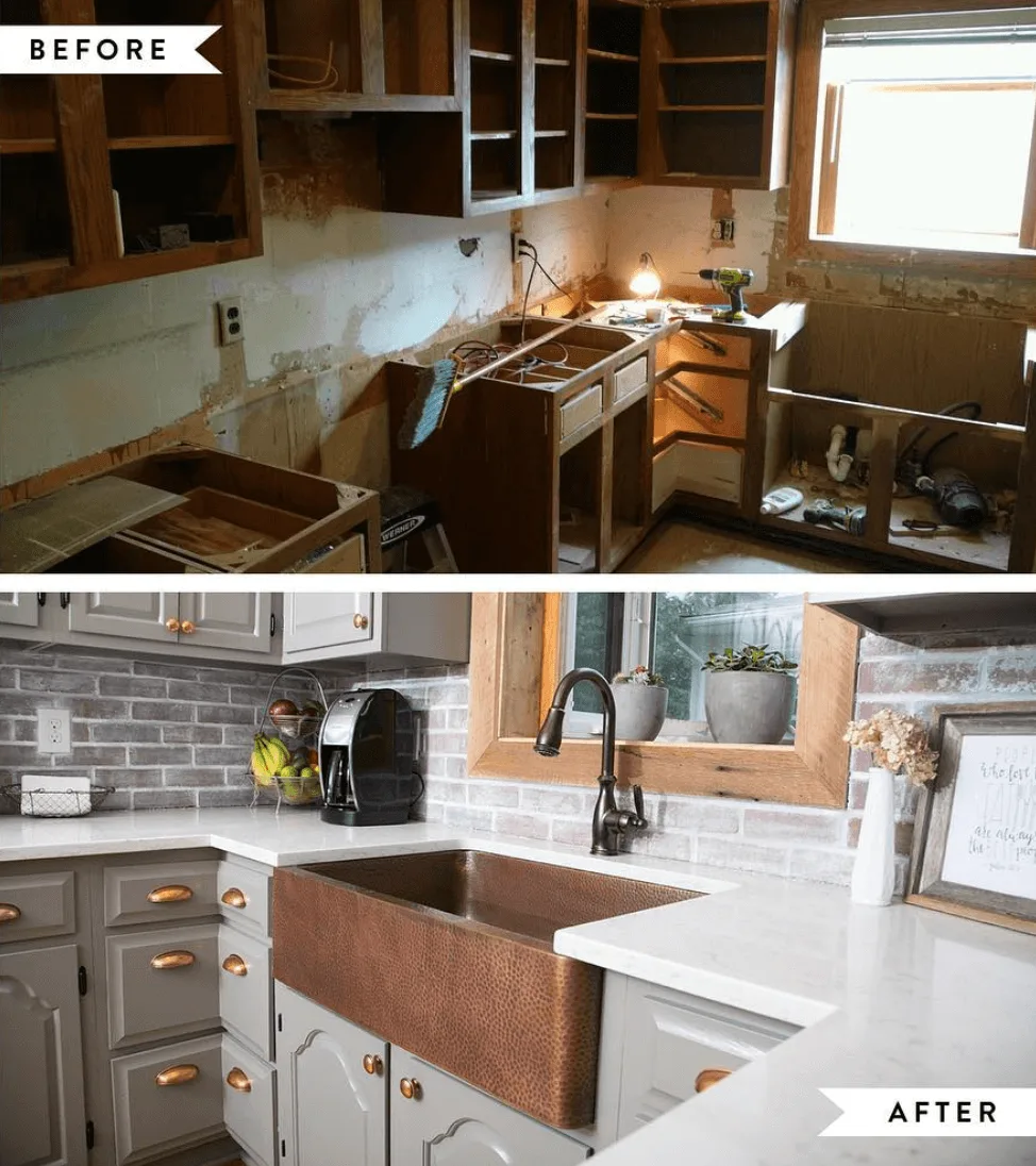 Kitchen remodel before and after with updated cabinetry and sink